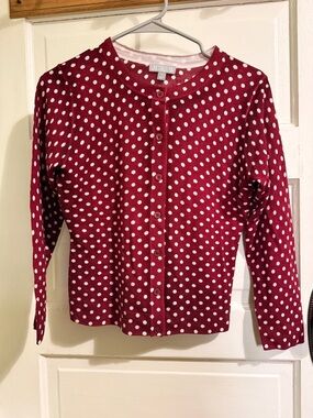 J. Crew Burgundy and White Polka Dot Button Cardigan